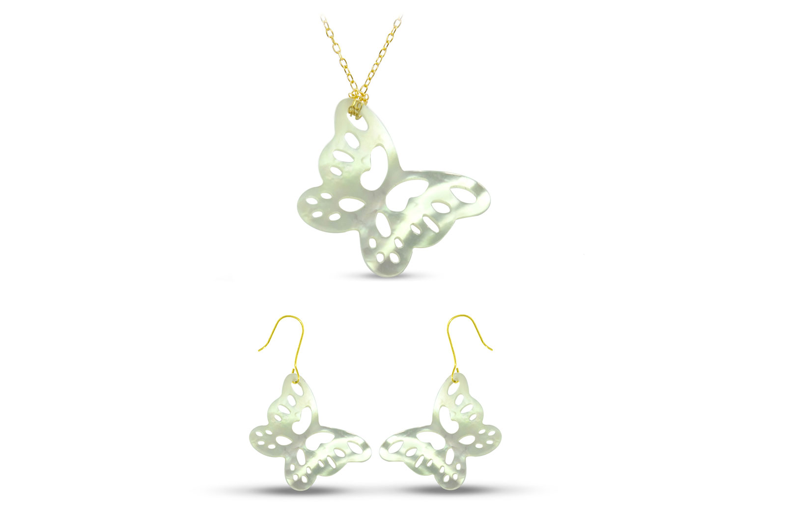 Vera Perla 18K Gold Cute Butterfly Mother of Pearl Jewelry Set, 2 pcs