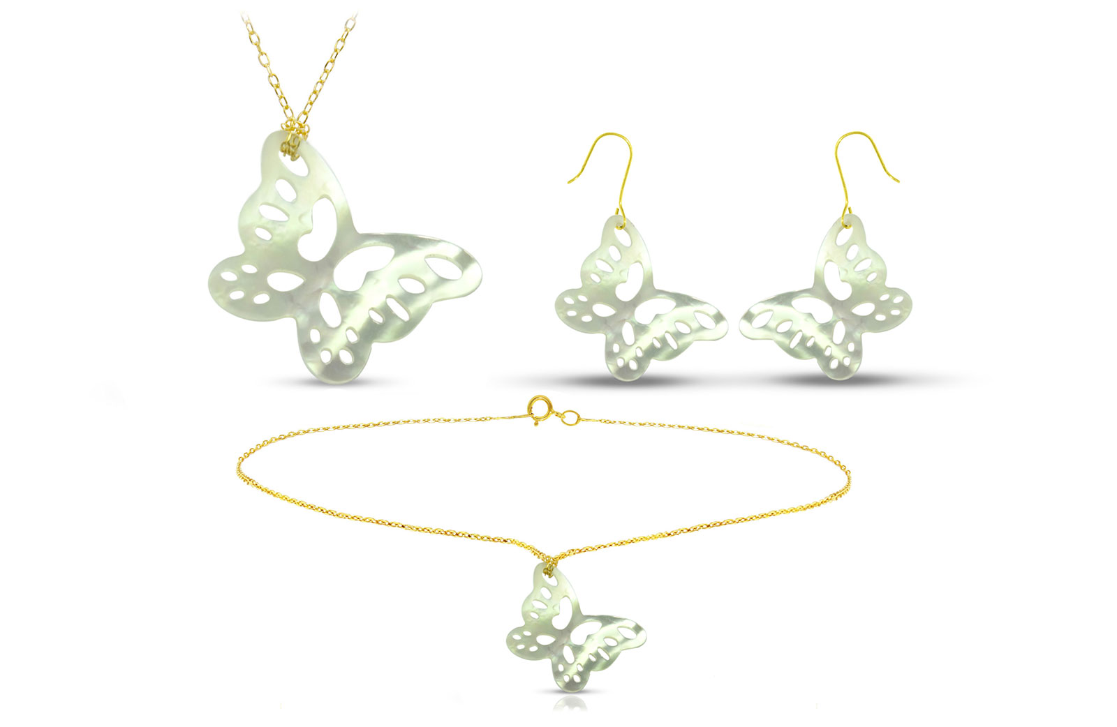 Vera Perla 18K Gold Cute Butterfly Mother of Pearl Jewelry Set, 3 pcs