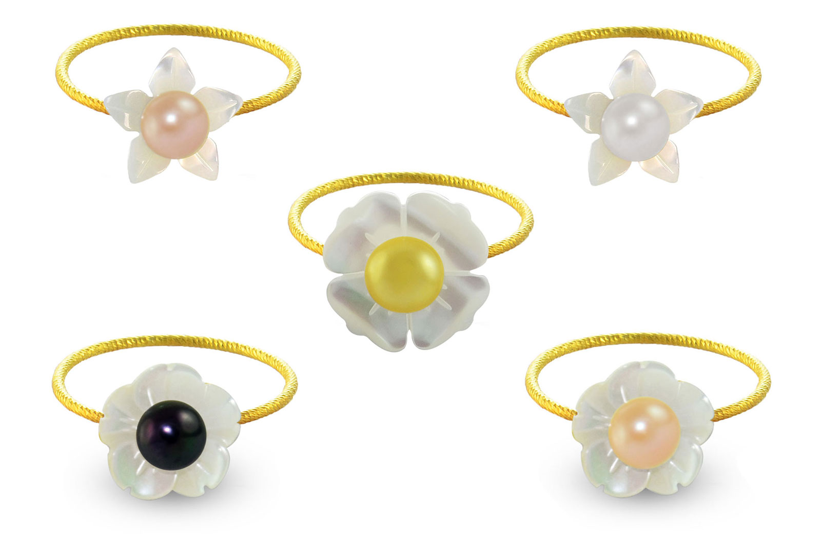 Vera Perla 18k Gold, Delicate 4-5mm Pearl Flower Shell 5 pcs Rings Set