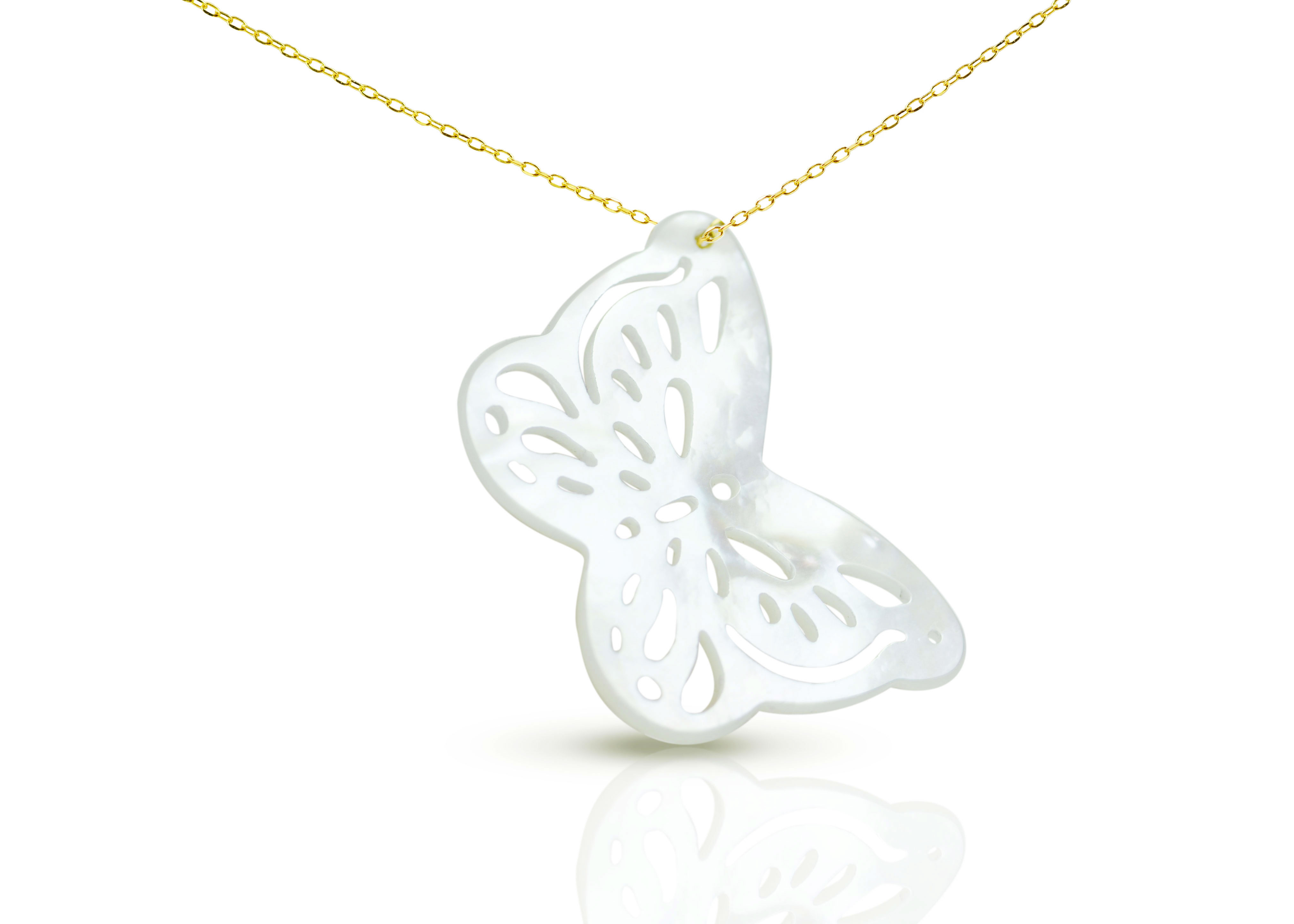 Vera Perla 18K Gold Filigree Butterfly Mother of Pearl Necklace