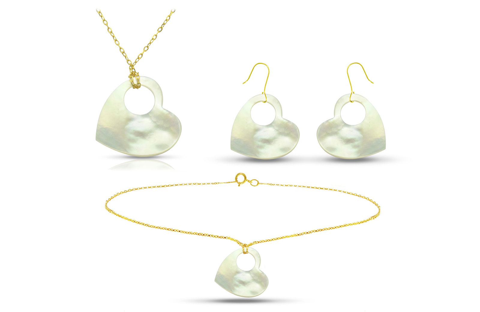 Vera Perla 18K Gold Heart with Hole Mother of Pearl Jewelry Set, 3 pcs