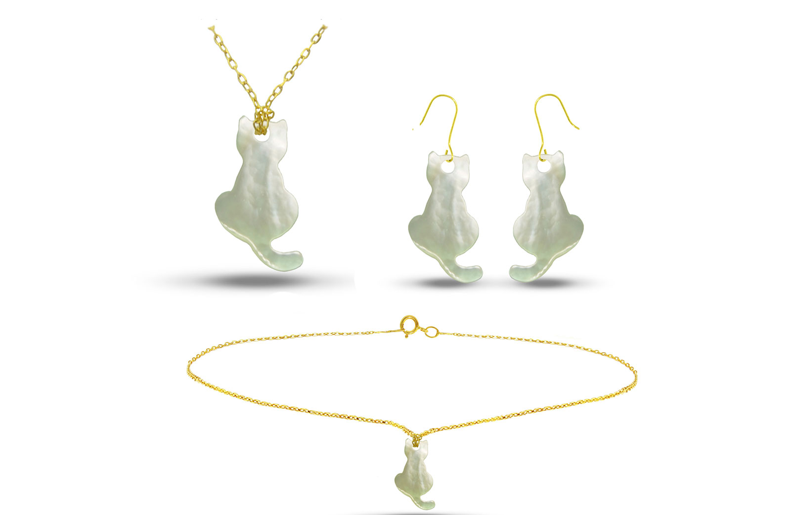 Vera Perla 18K Gold Kitty Back Mother of Pearl Jewelry Set, 3 pcs