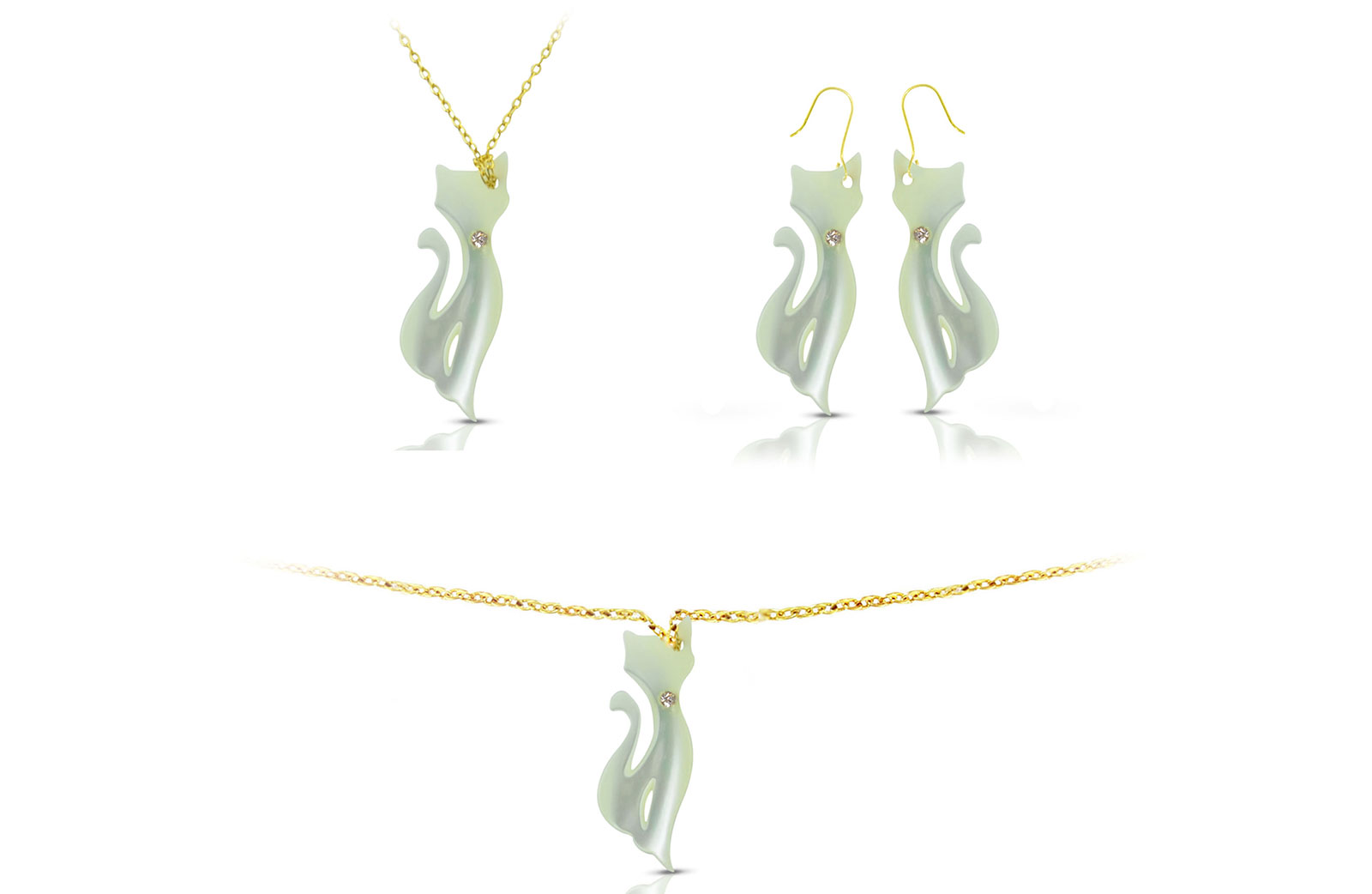 Vera Perla 18K Gold Kitty Back Mother of Pearl Jewelry Set, 3 pcs