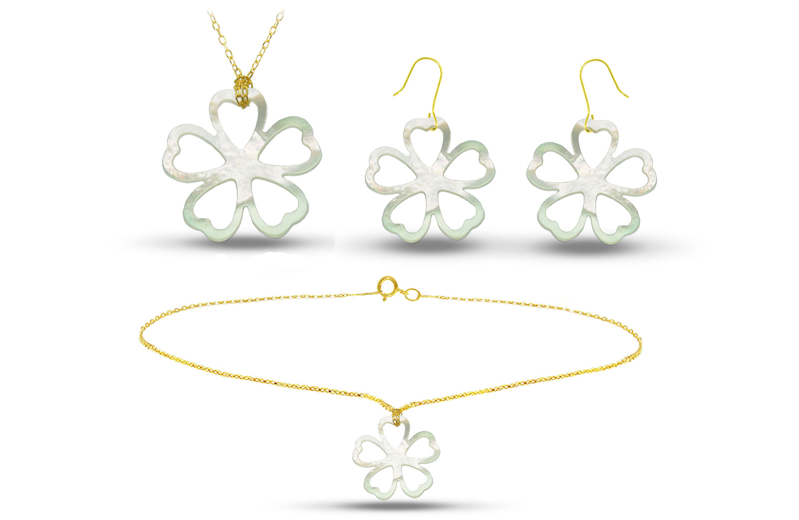 Vera Perla 18K Gold Lucky Clover Mother of Pearl Jewelry Set, 3 pcs