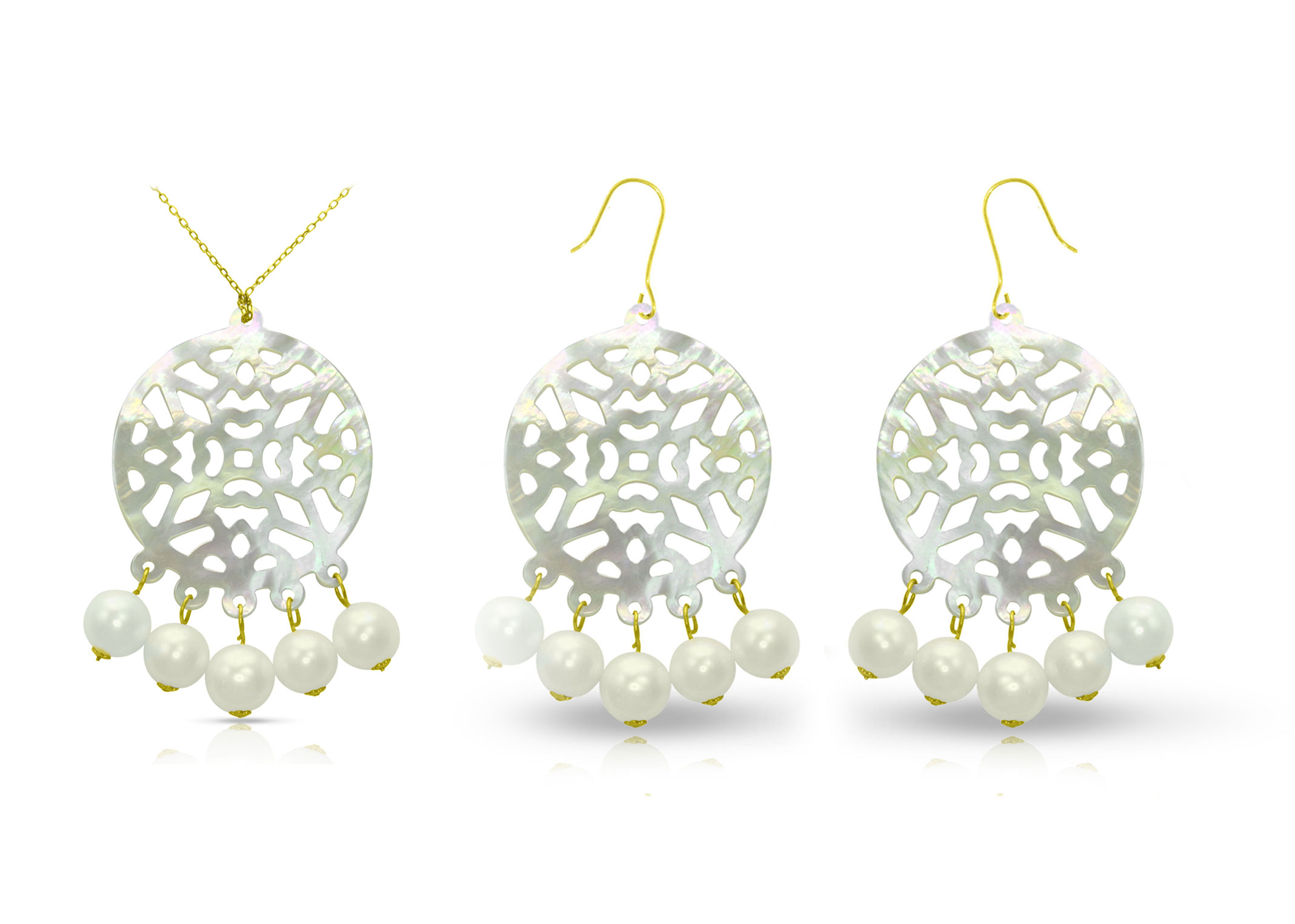 Vera Perla 18K Gold Pearls and Mother of Pearl Chandelier Jewelry Set