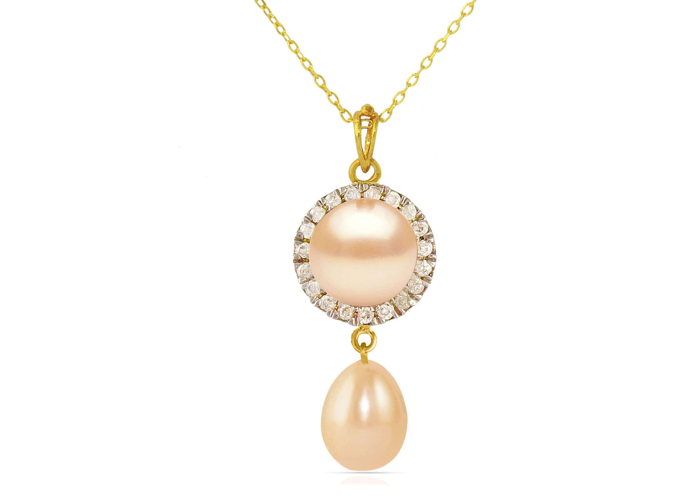 Vera Perla 18K Solid Gold 0.10ct Genuine Diamonds and 6-7 mm Pink Pearl Necklace