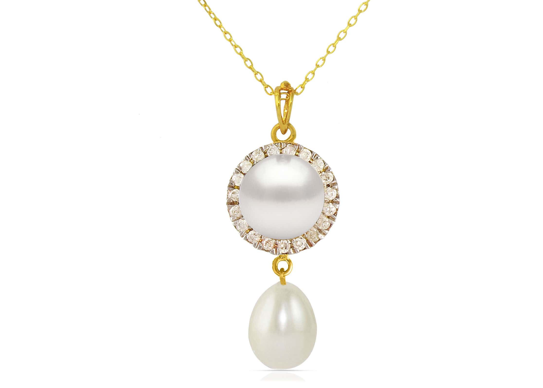 Vera Perla 18K Solid Gold 0.10ct Genuine Diamonds and 6-7 mm White Pearl Necklace