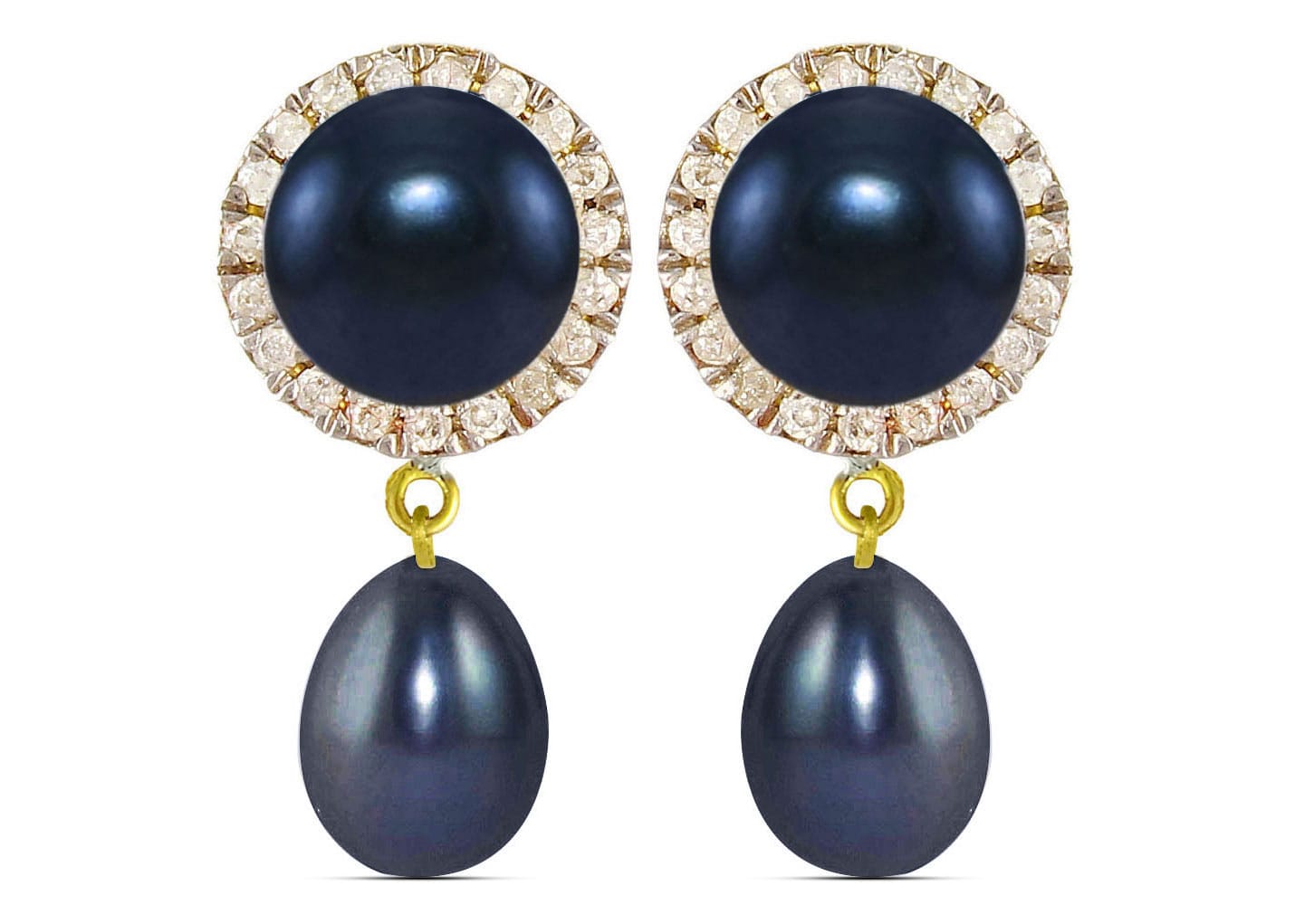 Vera Perla 18K Solid Gold 0.20ct Genuine Diamonds and 6-7 mm Black Pearl Earrings