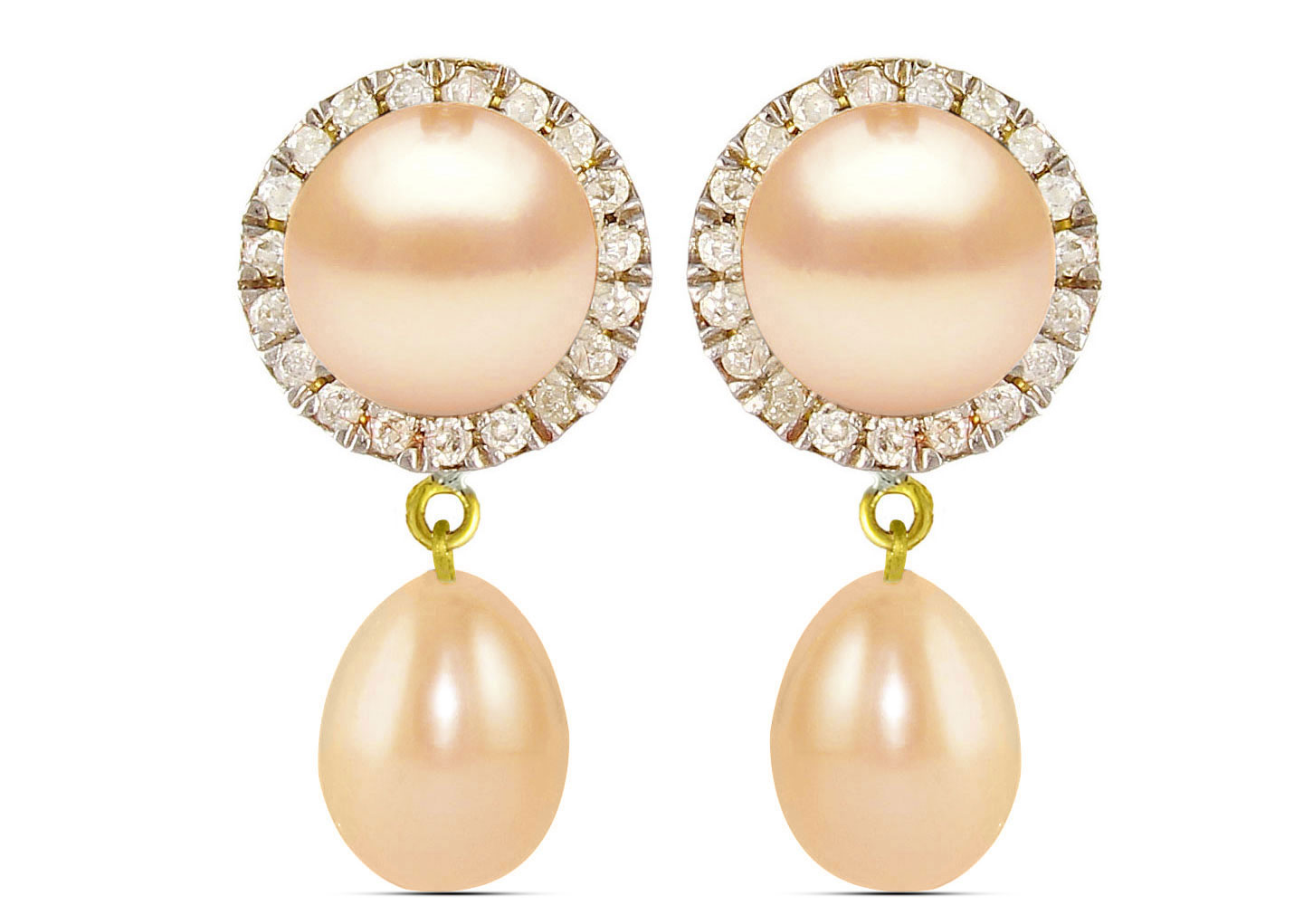 Vera Perla 18K Solid Gold 0.20ct Genuine Diamonds and 6-7 mm Pink Pearl Earrings
