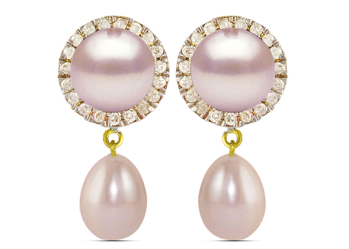 Vera Perla 18K Solid Gold 0.20ct Genuine Diamonds and 6-7 mm Purple Pearl Earrings