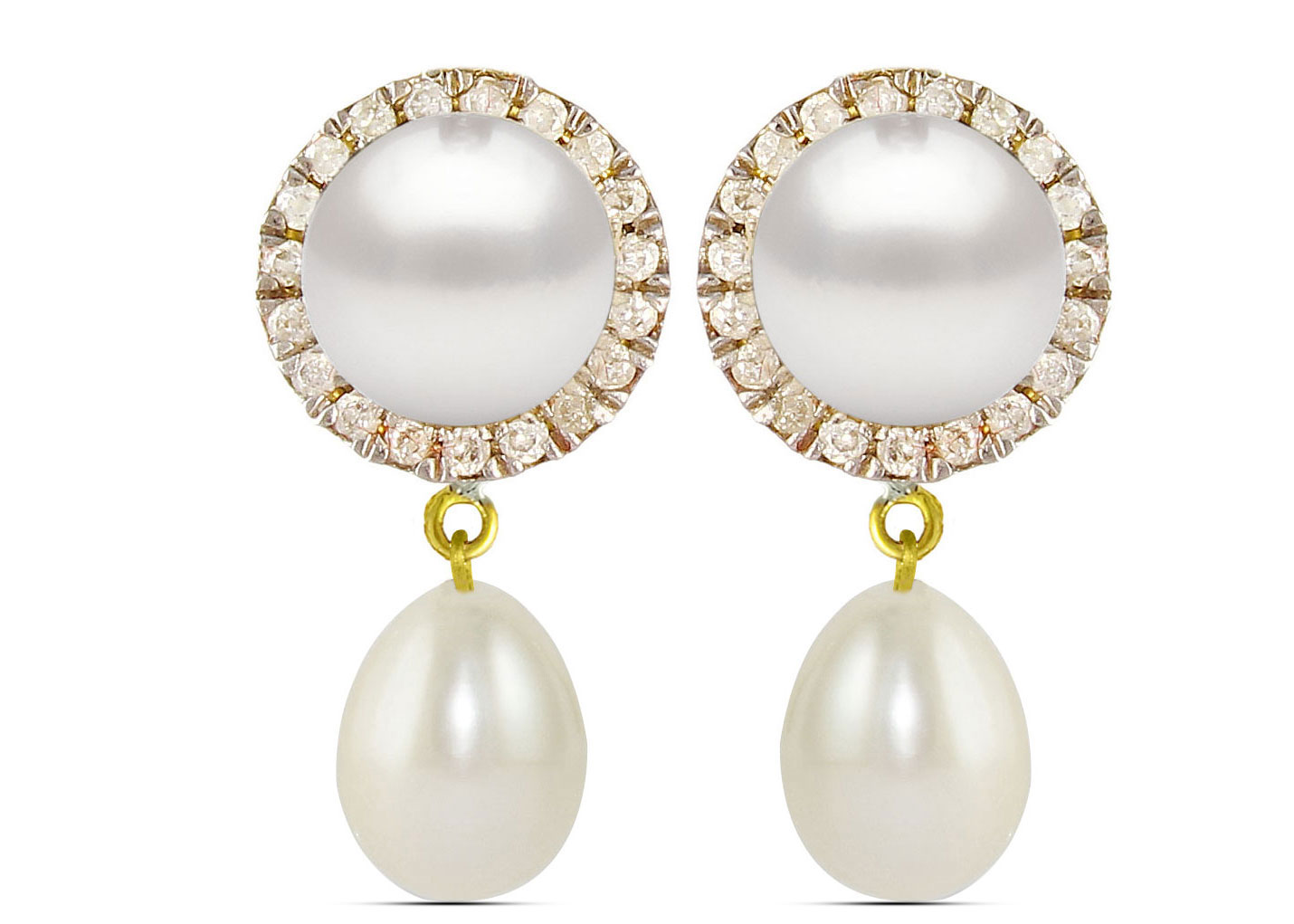 Vera Perla 18K Solid Gold 0.20ct Genuine Diamonds and 6-7 mm White Pearl Earrings