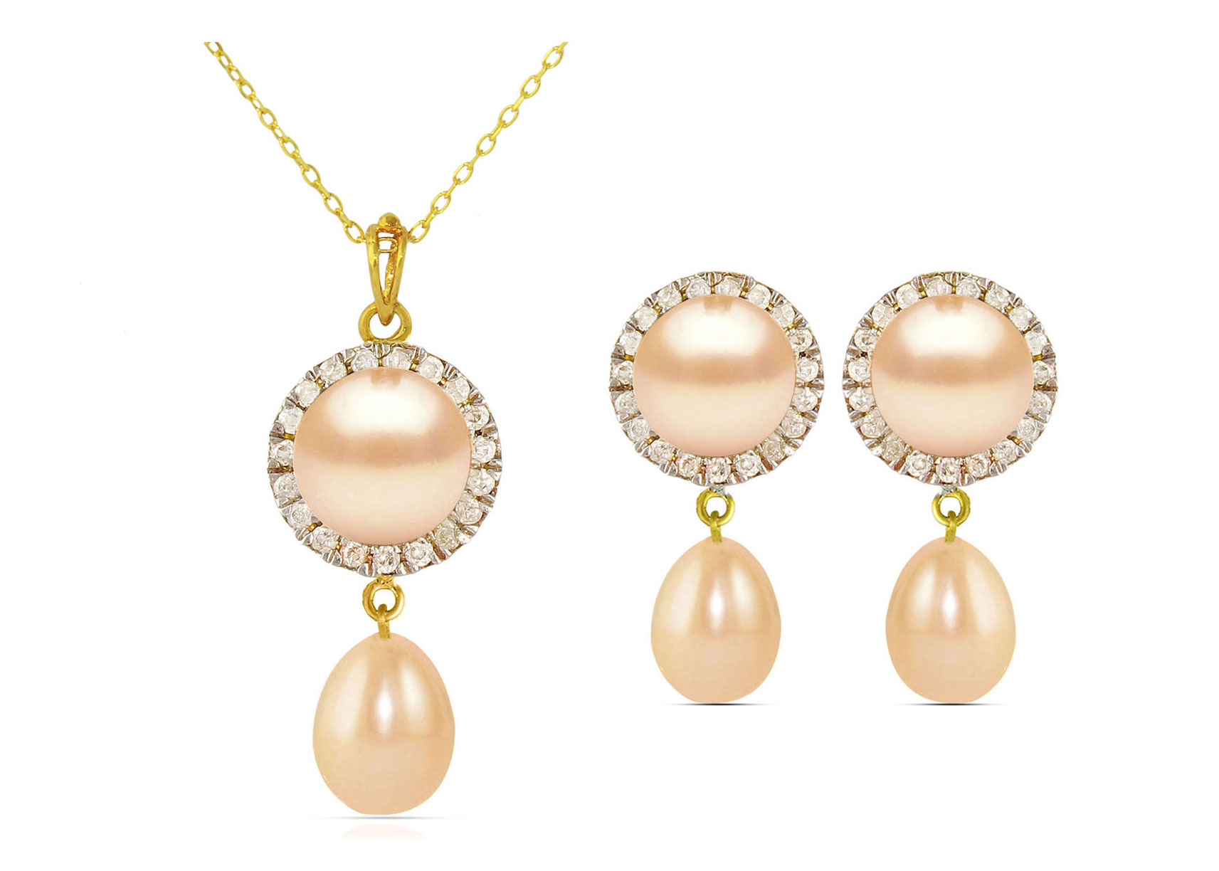 Vera Perla 18K Solid Gold 0.30ct Genuine Diamonds and 6-7mm Pink Pearl Jewelry Set, 2 Pcs
