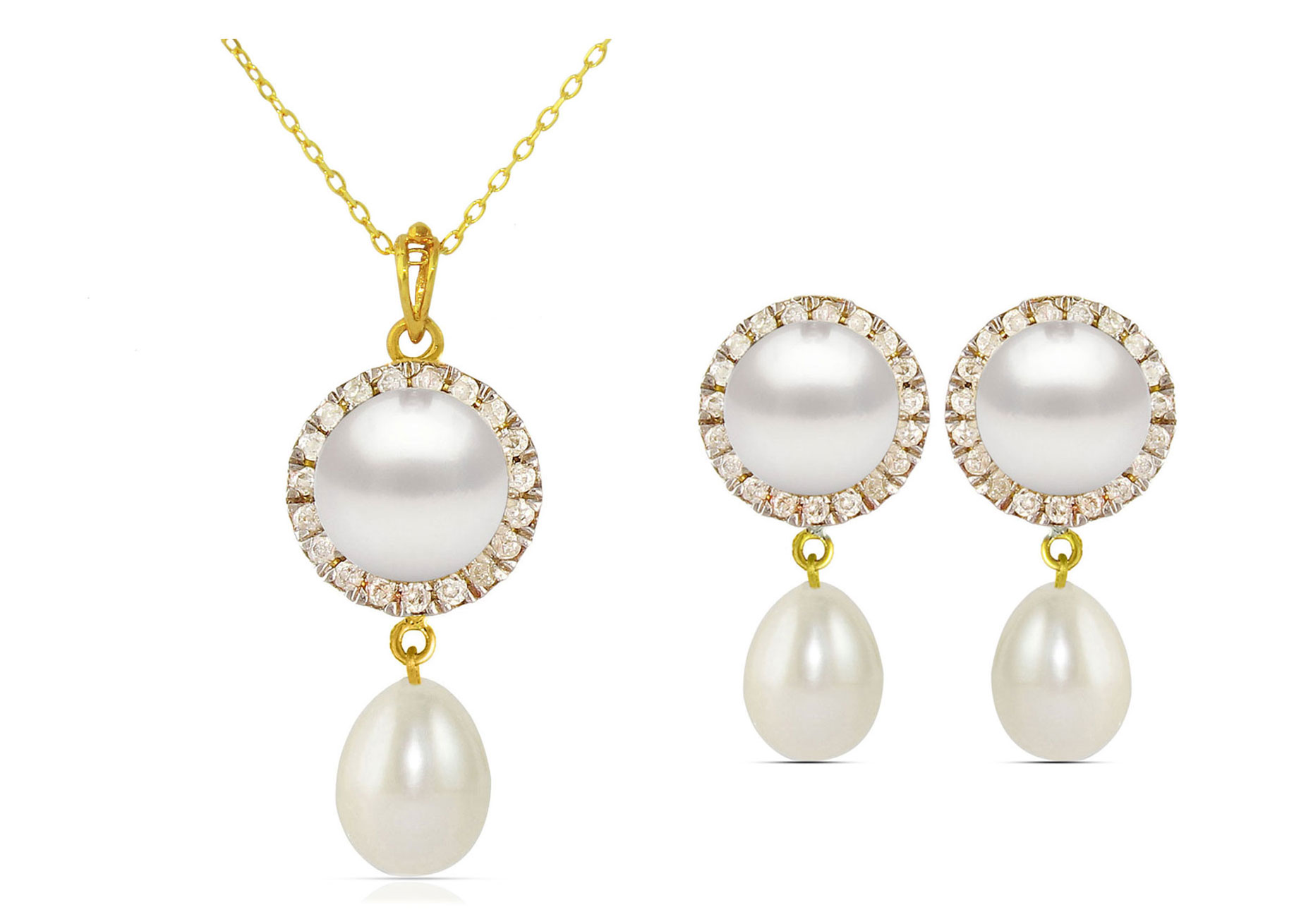 Vera Perla 18K Solid Gold 0.30ct Genuine Diamonds and 6-7mm White Pearl Jewelry Set, 2 Pcs