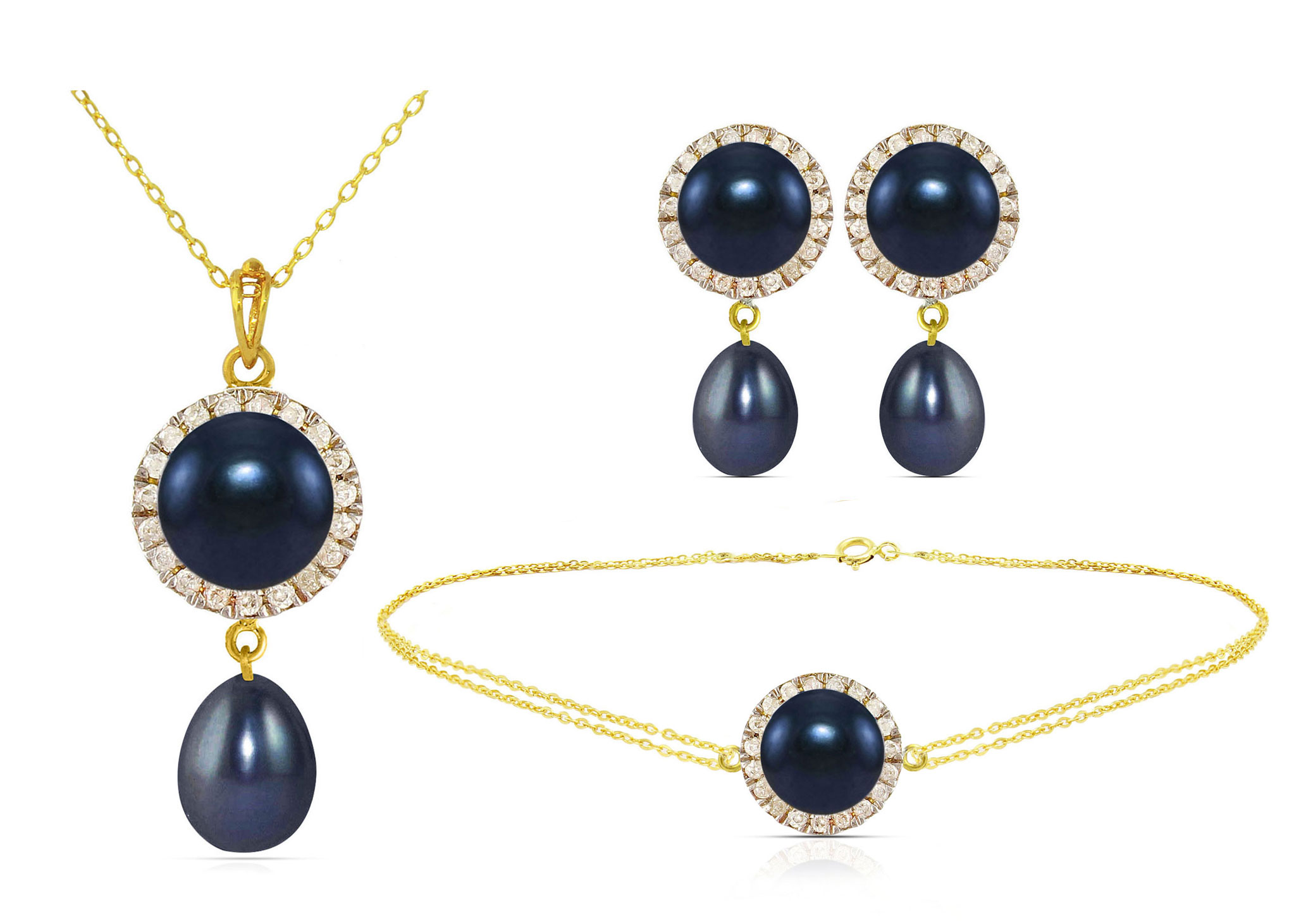 Vera Perla 18K Solid Gold 0.40ct Genuine Diamonds and 6-7mm Black Pearl Jewelry Set,  3 Pcs
