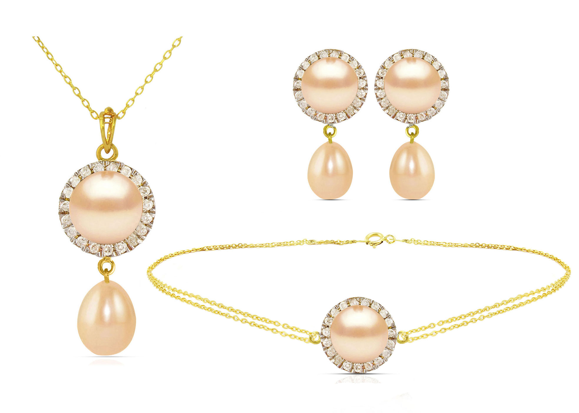 Vera Perla 18K Solid Gold 0.40ct Genuine Diamonds and 6-7mm Pink Pearl Jewelry Set,  3 Pcs