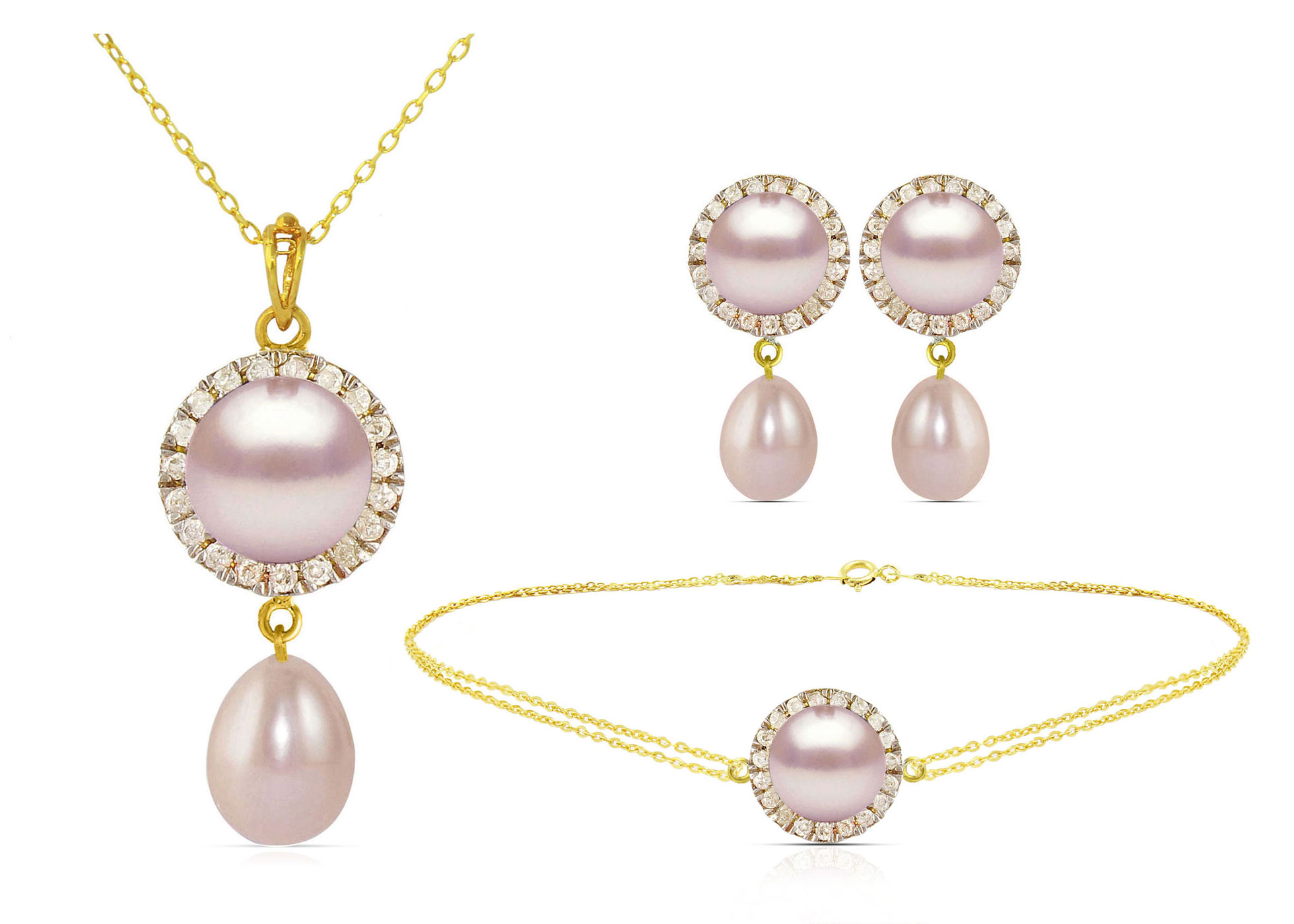 Vera Perla 18K Solid Gold 0.40ct Genuine Diamonds and 6-7mm Purple Pearl Jewelry Set,  3 Pcs