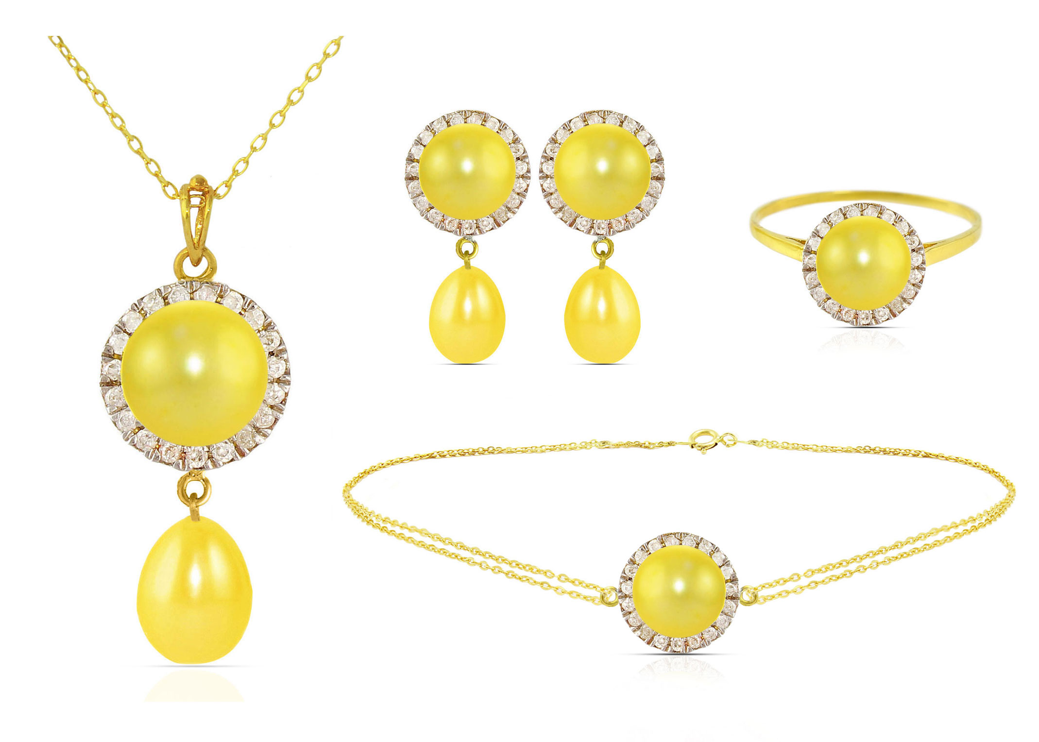 Vera Perla 18K Solid Gold 0.50ct Genuine Diamonds and 6-7mm Golden Pearl Jewelry Set,  4 Pcs