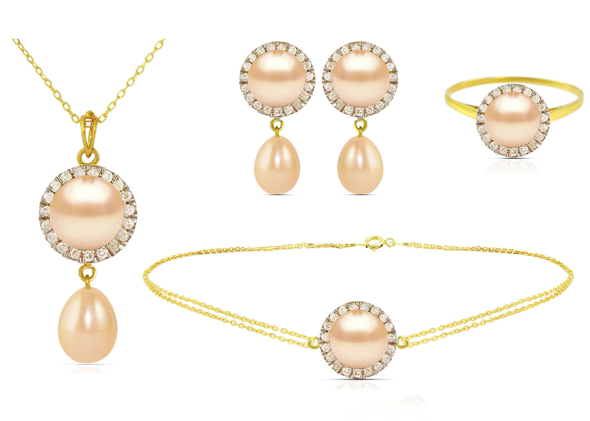 Vera Perla 18K Solid Gold 0.50ct Genuine Diamonds and 6-7mm Pink Pearl Jewelry Set,  4 Pcs