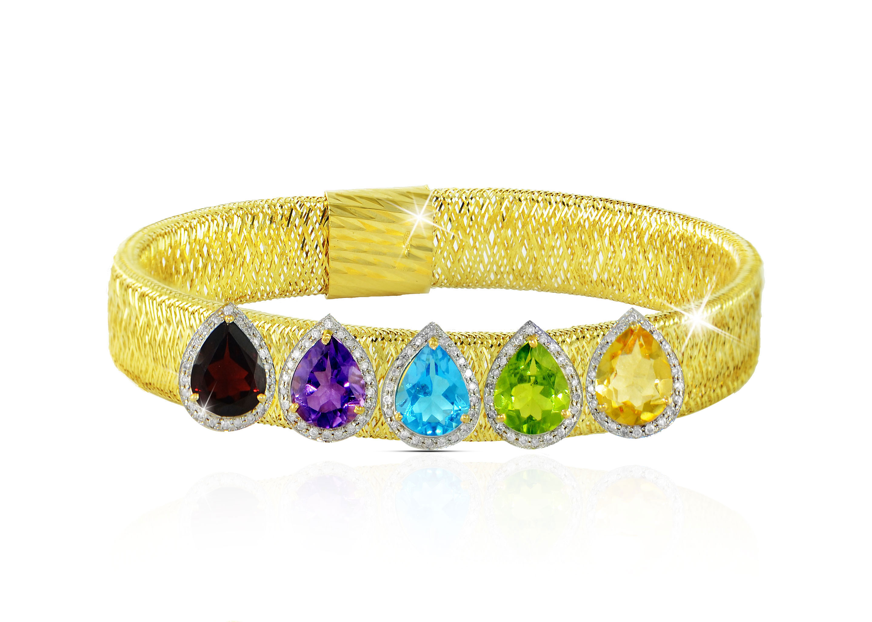 Vera Perla 18k Solid Gold 0.64Ct Genuine Diamonds and Multi-Gemstones Mesh Bracelet