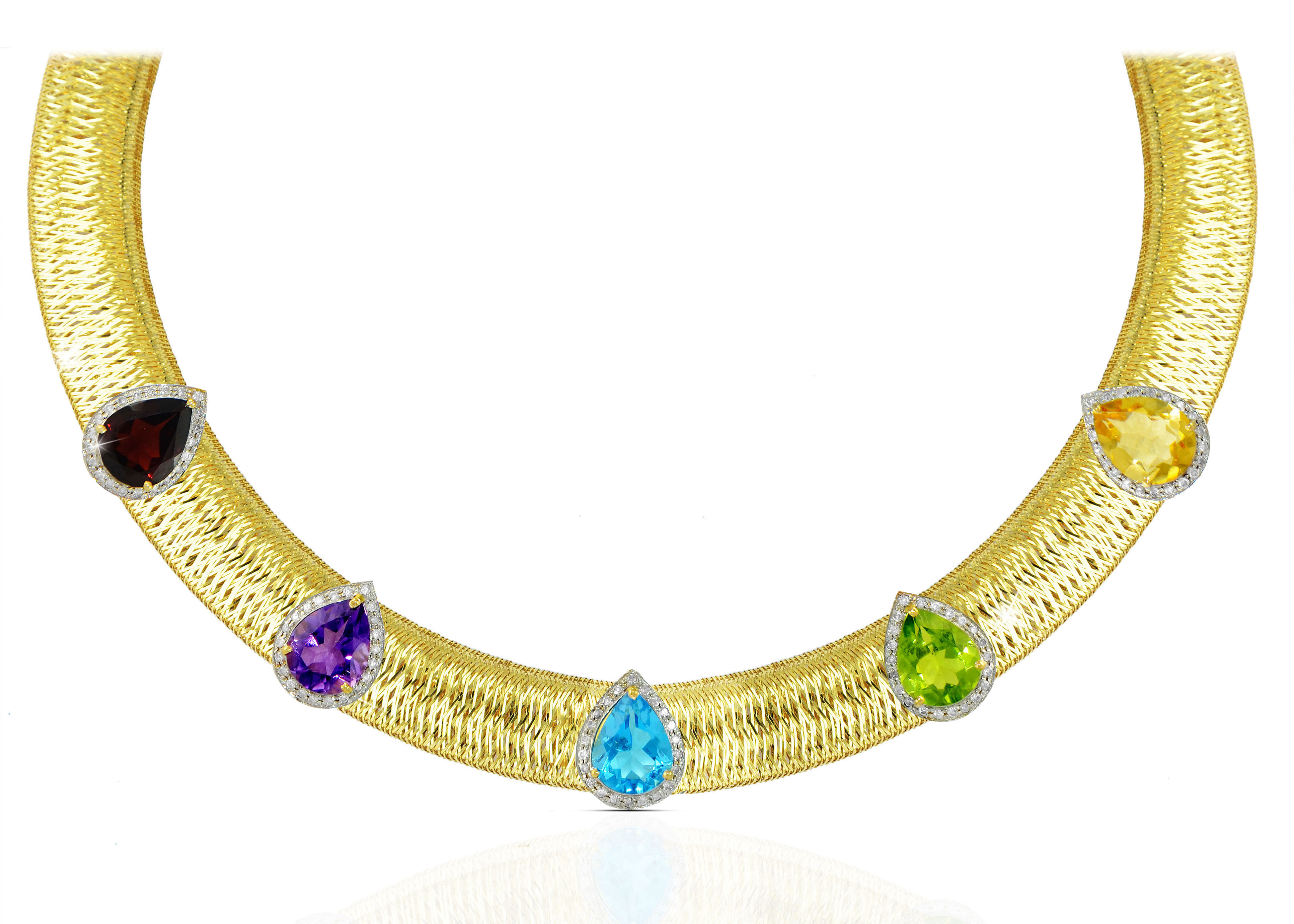 Vera Perla 18k Solid Gold 0.64Ct Genuine Diamonds and Multi-Gemstones Mesh Necklace 