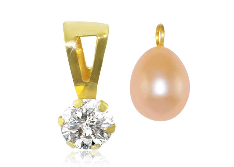 Vera Perla 18k Solid Gold 7mm Pink Pearl and Cubic Zirconia Solitaire Pendant