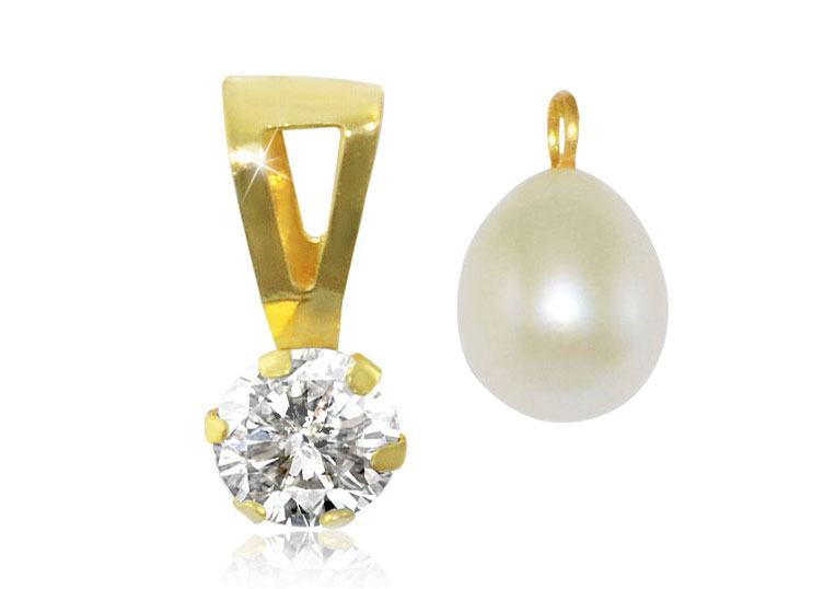 Vera Perla 18k Solid Gold 7mm White Pearl and Cubic Zirconia Solitaire Pendant