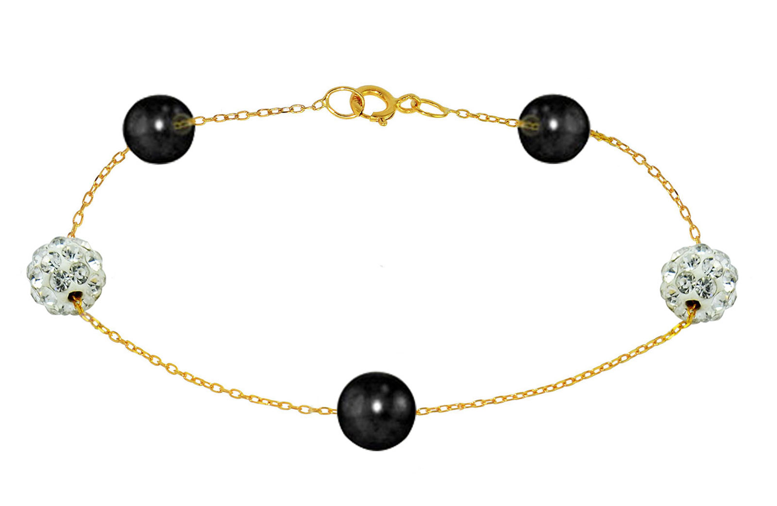 Vera Perla 18K Solid Gold Gradual Built-in 5-6mm Black Pearls and Crystal Ball Bracelet