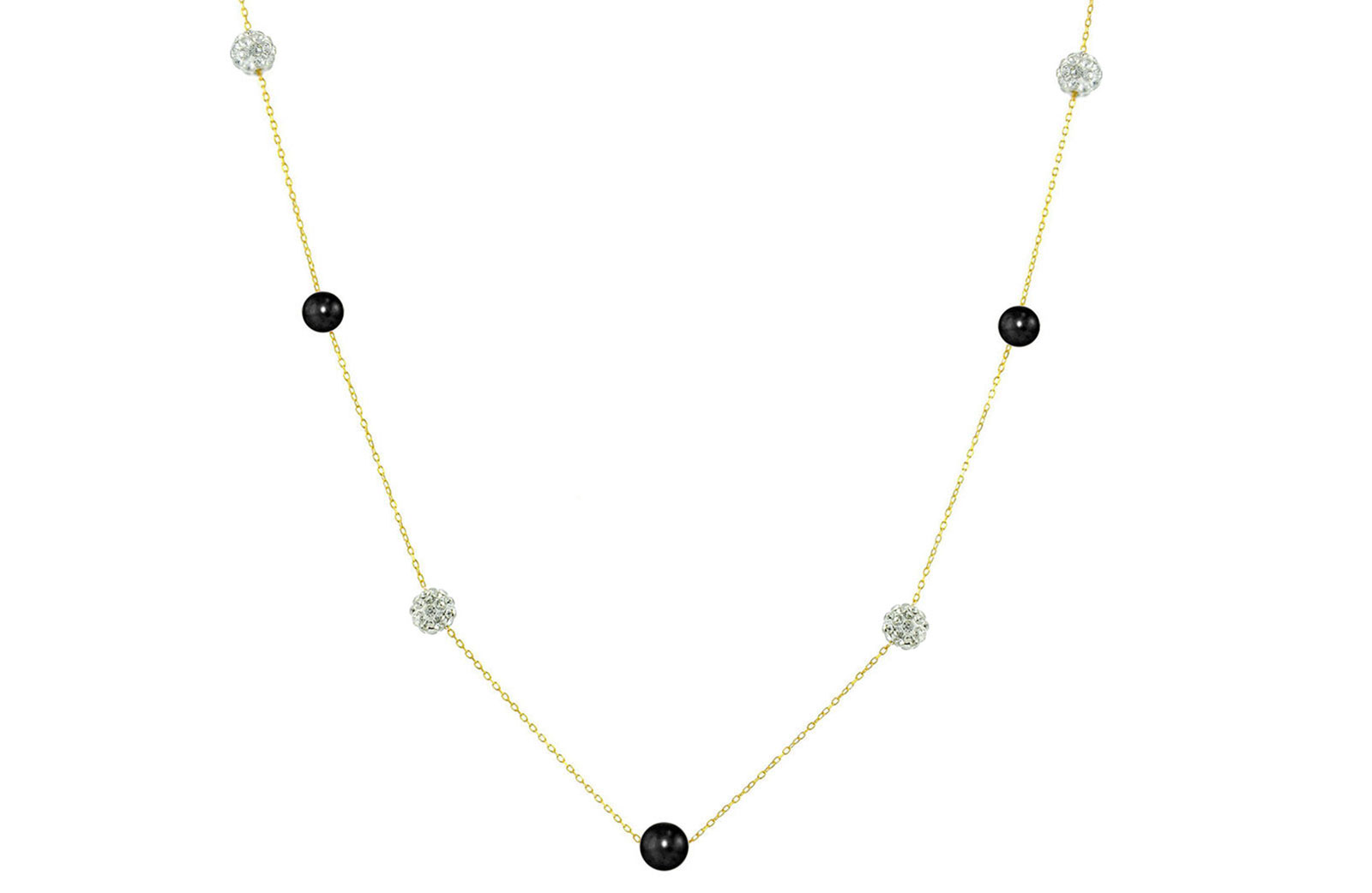 Vera Perla 18K Solid Gold Gradual Built-in 5-6mm Black Pearls and Crystal Ball Necklace