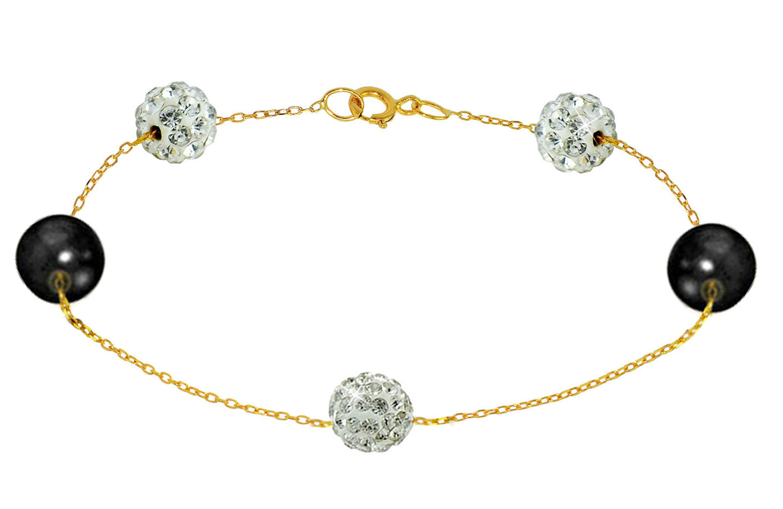 Vera Perla 18K Solid Gold Gradual Built-in 5-6mm Crystal Ball and Black Pearls Bracelet