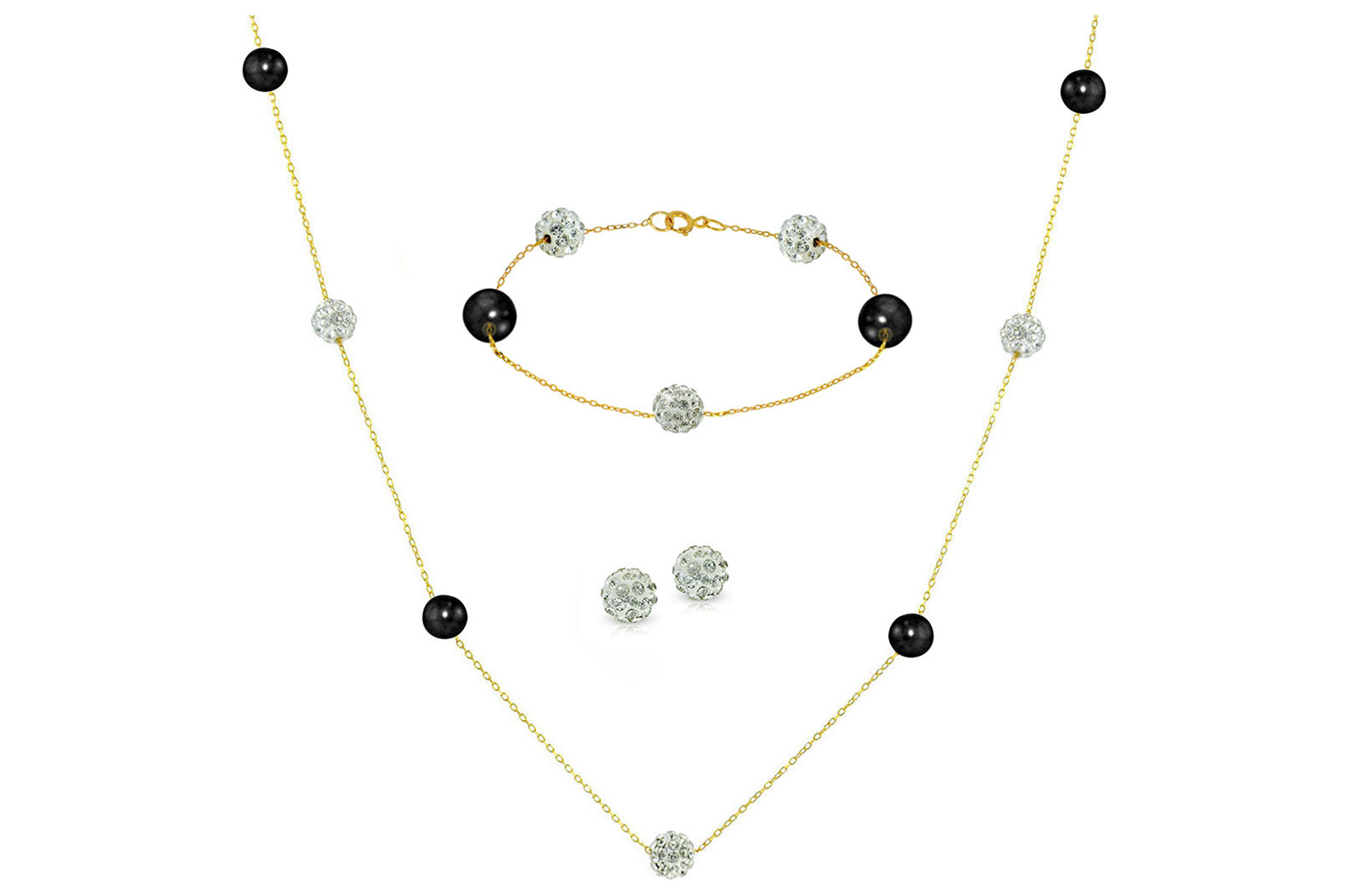 Vera Perla 18K Solid Gold Gradual Built-in 5-6mm Crystal Ball and Black Pearls Jewelry Set - 3 pcs.