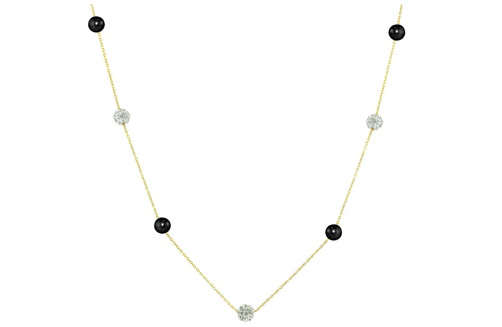 Vera Perla 18K Solid Gold Gradual Built-in 5-6mm Crystal Ball and Black Pearls Necklace