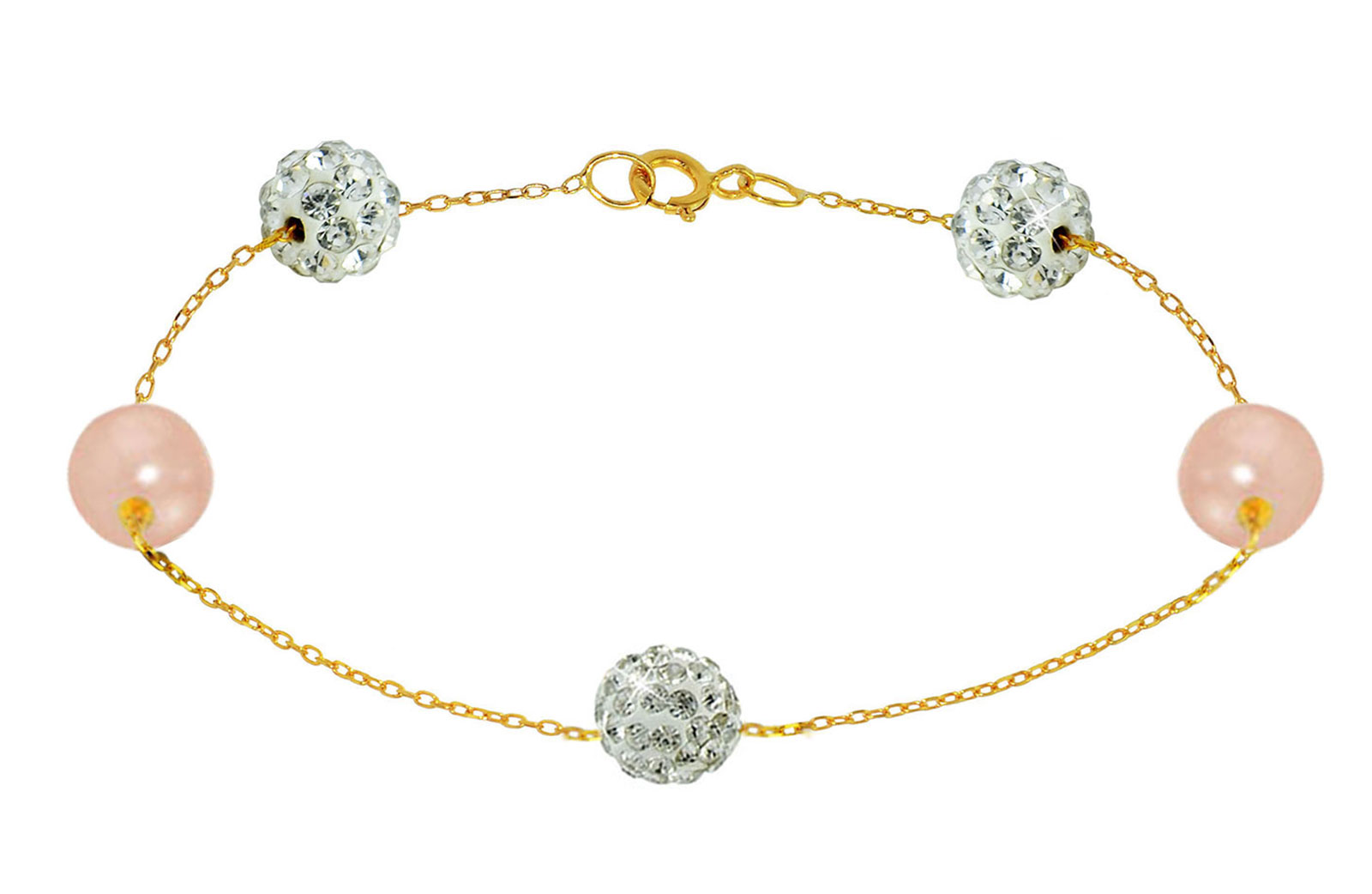 Vera Perla 18K Solid Gold Gradual Built-in 5-6mm Crystal Ball and Pink Pearls Bracelet