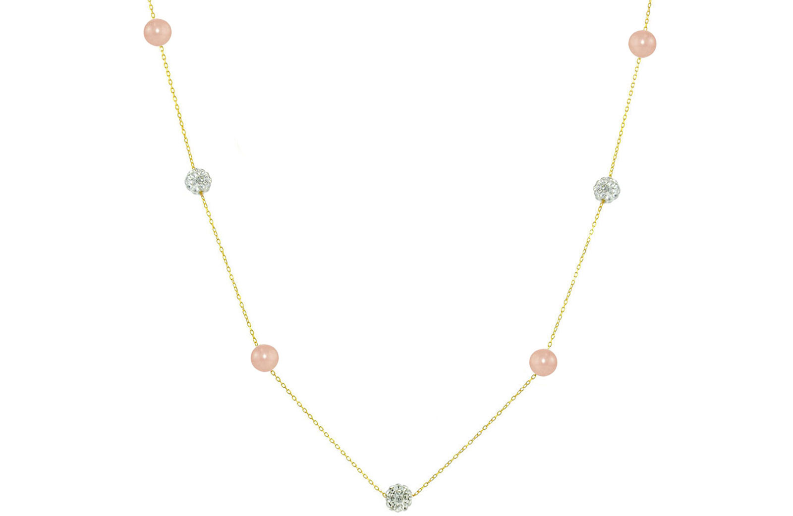 Vera Perla 18K Solid Gold Gradual Built-in 5-6mm Crystal Ball and Pink Pearls Necklace