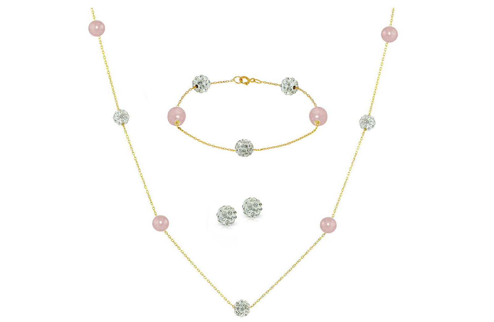 Vera Perla 18K Solid Gold Gradual Built-in 5-6mm Crystal Ball and Purple Pearls Jewelry Set - 3 pcs.