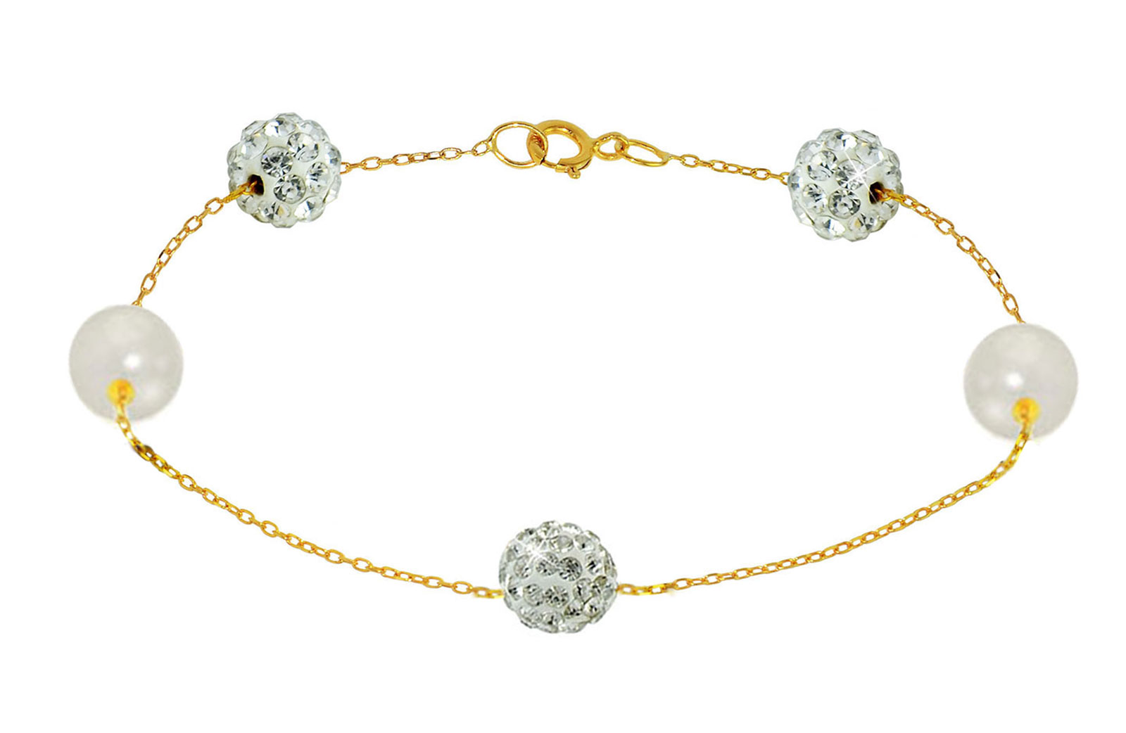 Vera Perla 18K Solid Gold Gradual Built-in 5-6mm Crystal Ball and White Pearls Bracelet