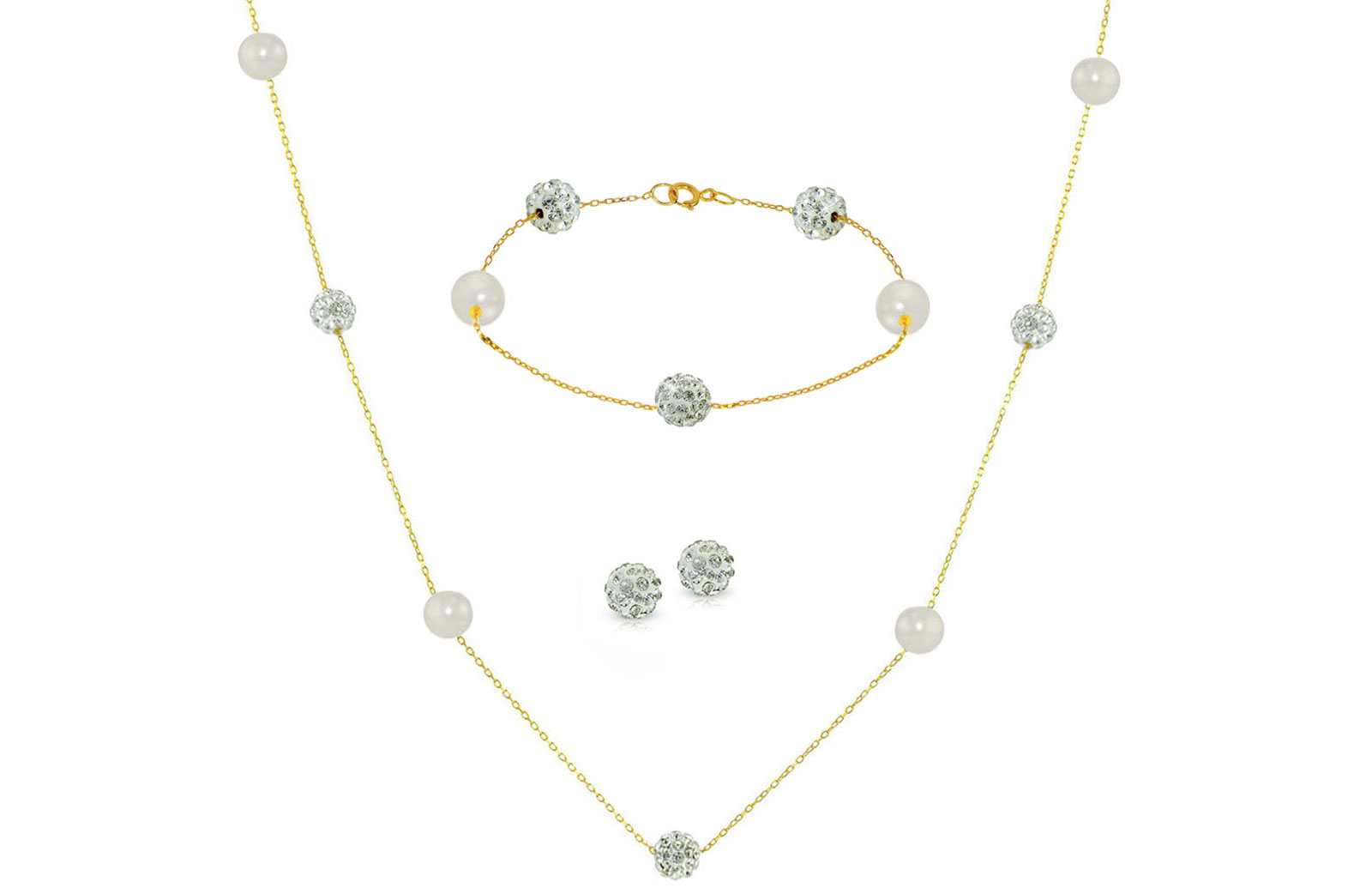 Vera Perla 18K Solid Gold Gradual Built-in 5-6mm Crystal Ball and White Pearls Jewelry Set - 3 pcs.