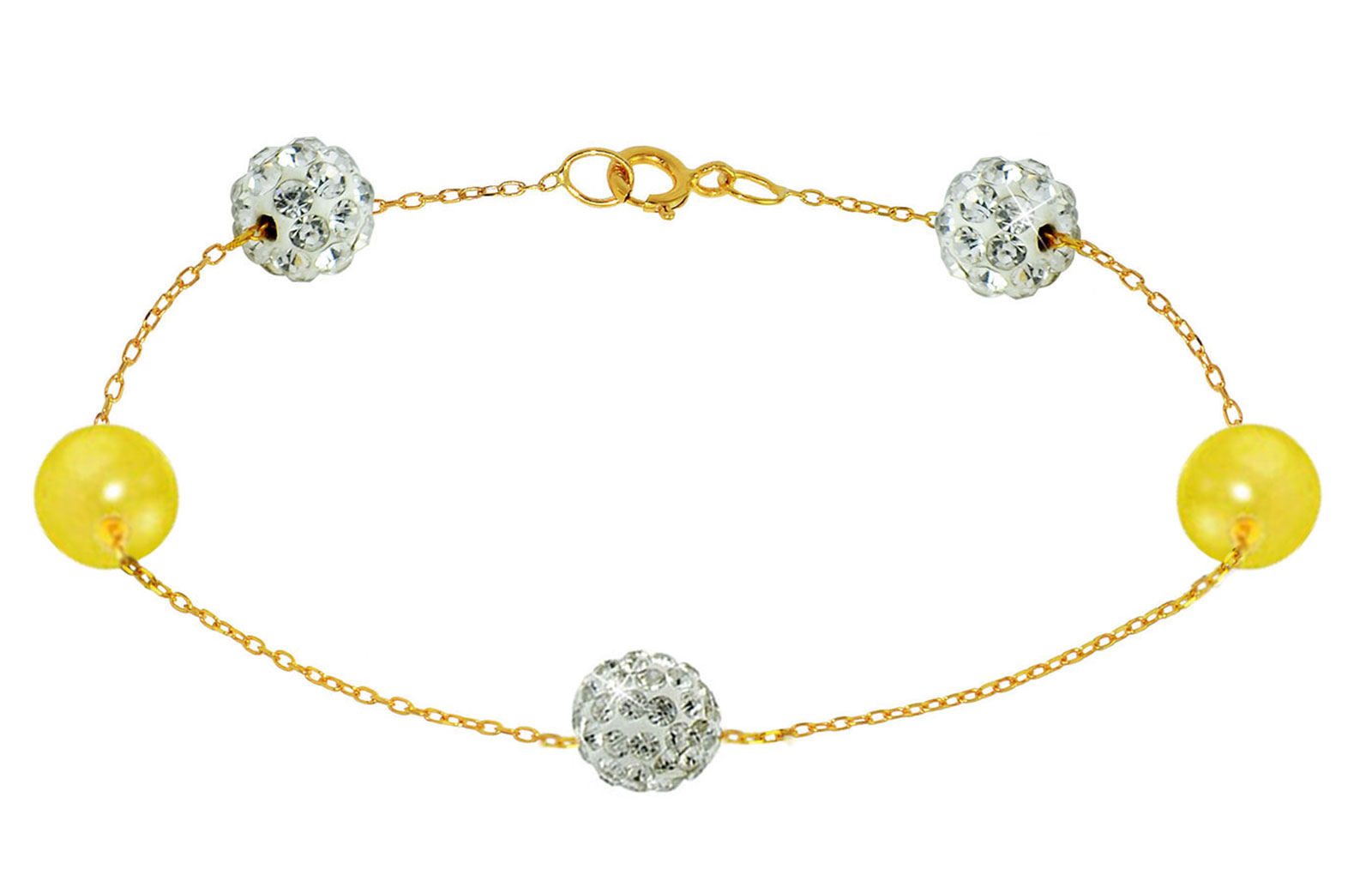 Vera Perla 18K Solid Gold Gradual Built-in 5-6mm Crystal Ball and Yellow Pearls Bracelet