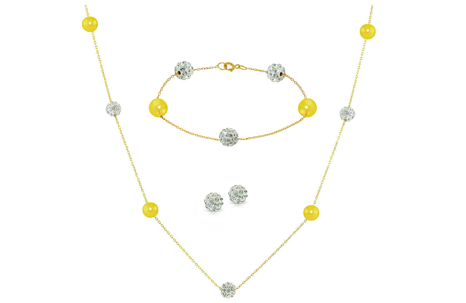 Vera Perla 18K Solid Gold Gradual Built-in 5-6mm Crystal Ball and Yellow Pearls Jewelry Set - 3 pcs.