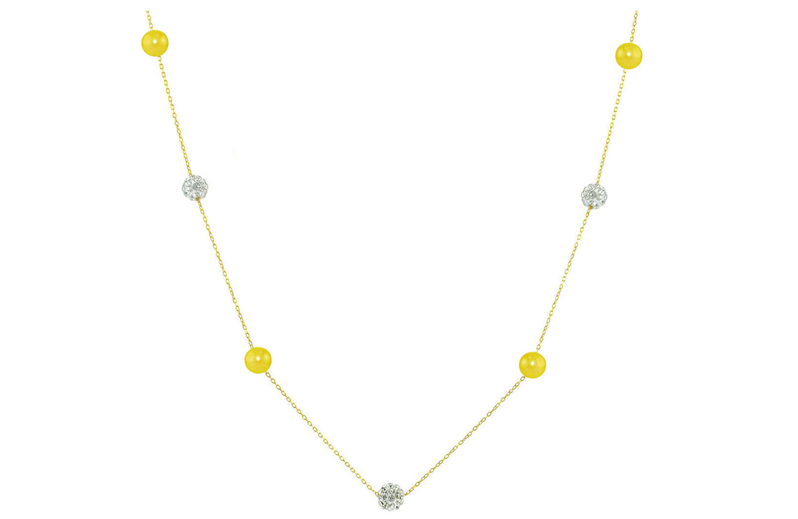 Vera Perla 18K Solid Gold Gradual Built-in 5-6mm Crystal Ball and Yellow Pearls Necklace