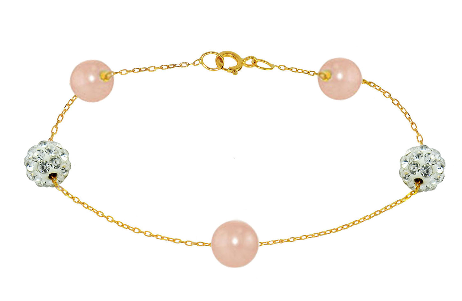 Vera Perla 18K Solid Gold Gradual Built-in 5-6mm Pink Pearls and Crystal Ball Bracelet