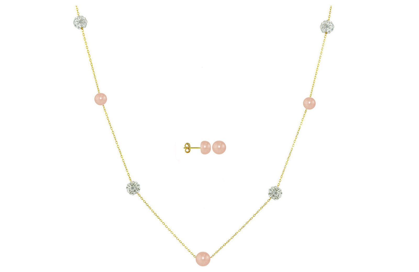 Vera Perla 18K Solid Gold Gradual Built-in 5-6mm Pink Pearls and Crystal Ball Jewelry Set - 2 pcs.