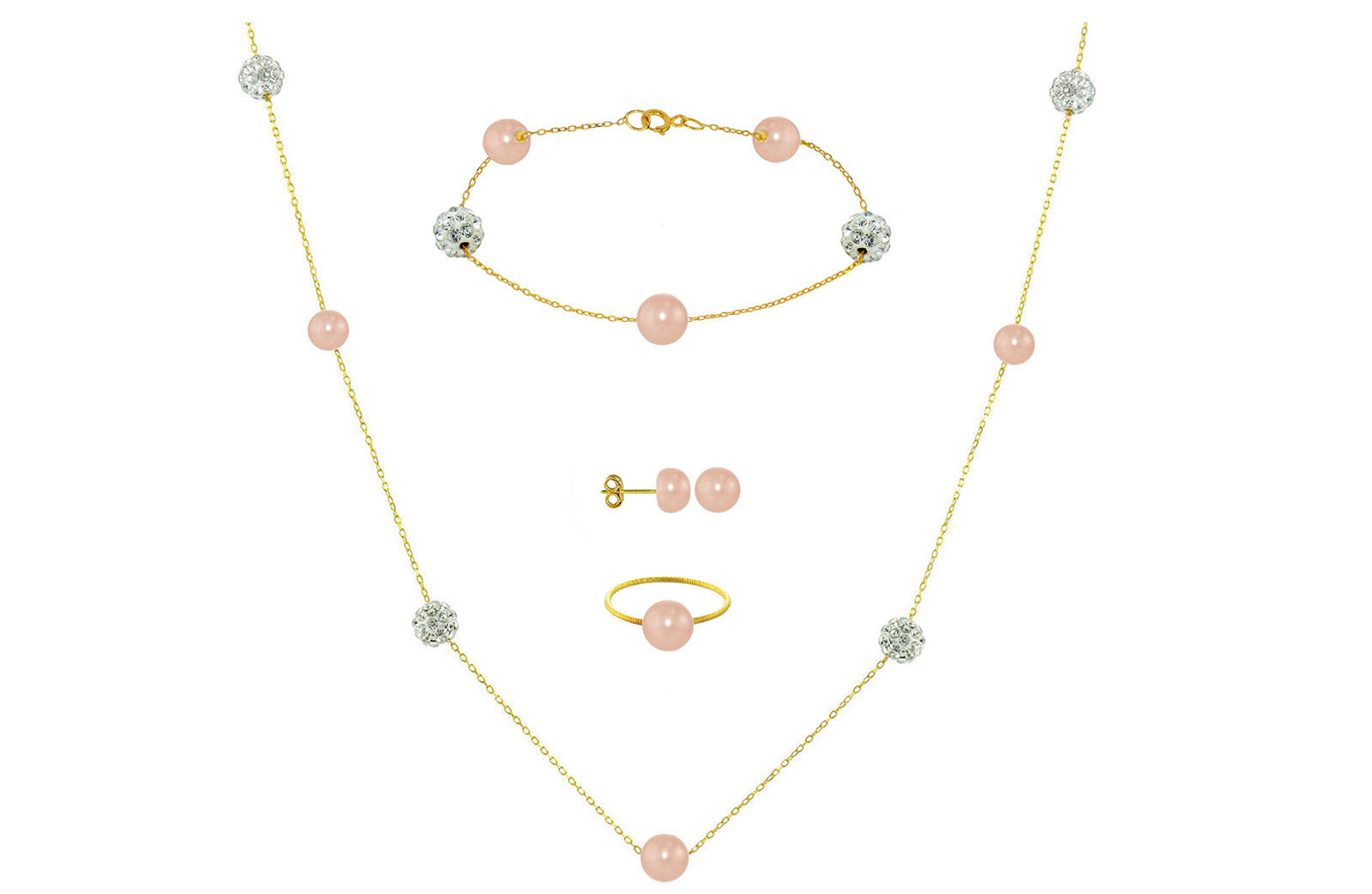 Vera Perla 18K Solid Gold Gradual Built-in 5-6mm Pink Pearls and Crystal Ball Jewelry Set - 4 pcs.