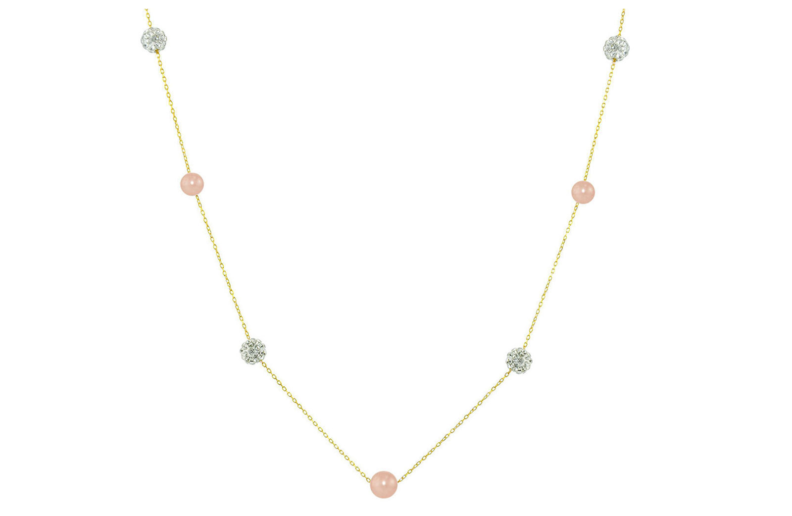 Vera Perla 18K Solid Gold Gradual Built-in 5-6mm Pink Pearls and Crystal Ball Necklace