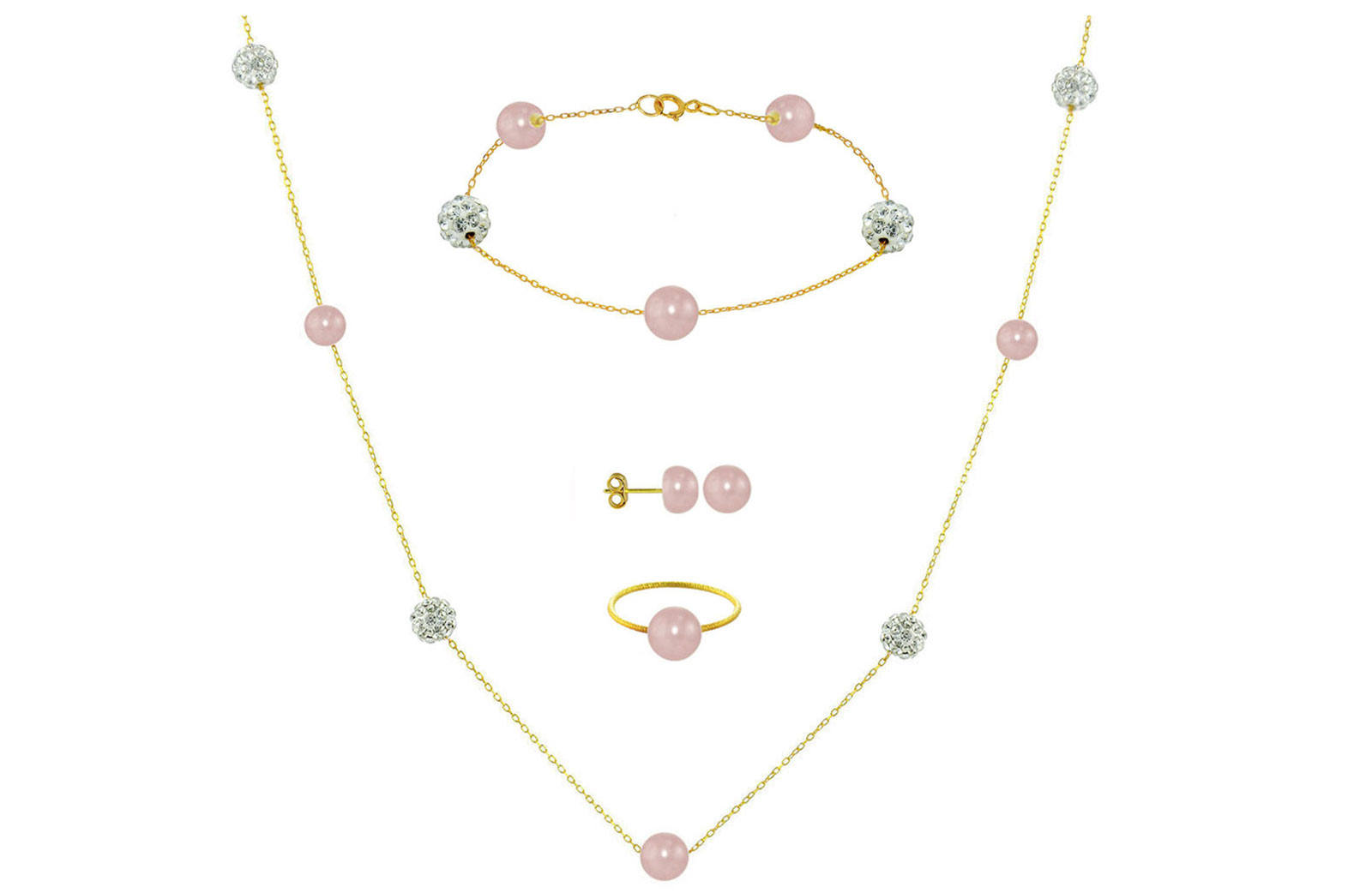 Vera Perla 18K Solid Gold Gradual Built-in 5-6mm Purple Pearls and Crystal Ball Jewelry Set - 4 pcs.