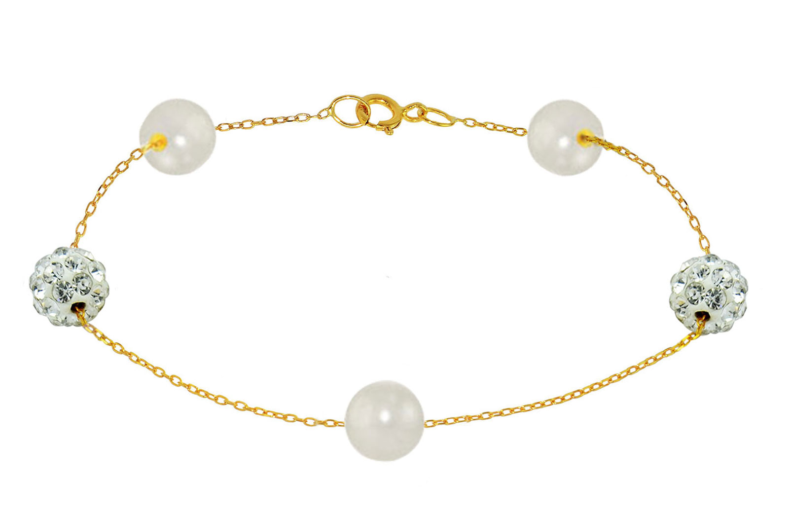Vera Perla 18K Solid Gold Gradual Built-in 5-6mm White Pearls and Crystal Ball Bracelet