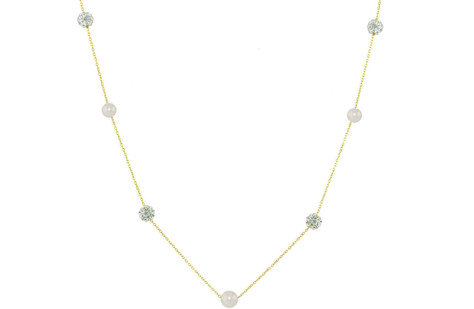 Vera Perla 18K Solid Gold Gradual Built-in 5-6mm White Pearls and Crystal Ball Necklace