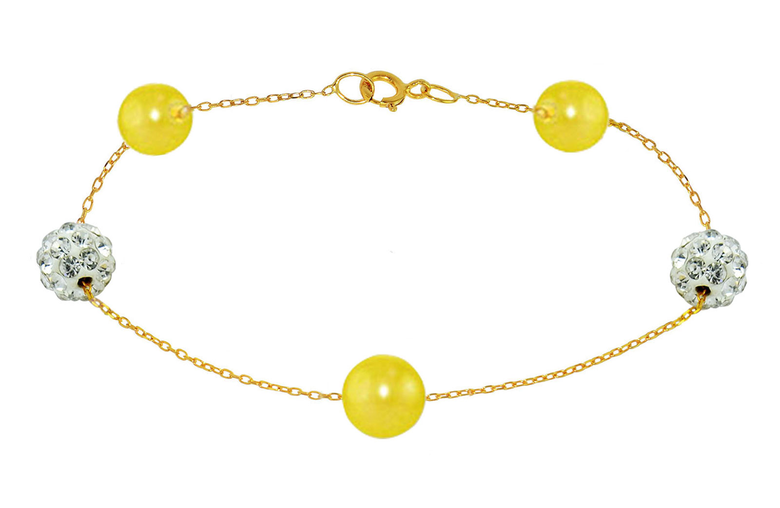 Vera Perla 18K Solid Gold Gradual Built-in 5-6mm Yellow Pearls and Crystal Ball Bracelet