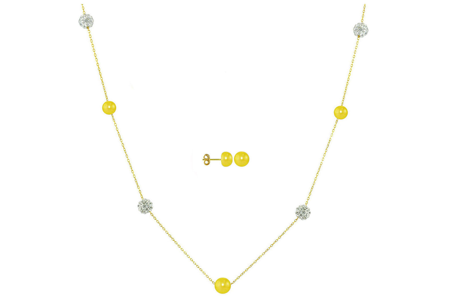Vera Perla 18K Solid Gold Gradual Built-in 5-6mm Yellow Pearls and Crystal Ball Jewelry Set - 2 pcs.