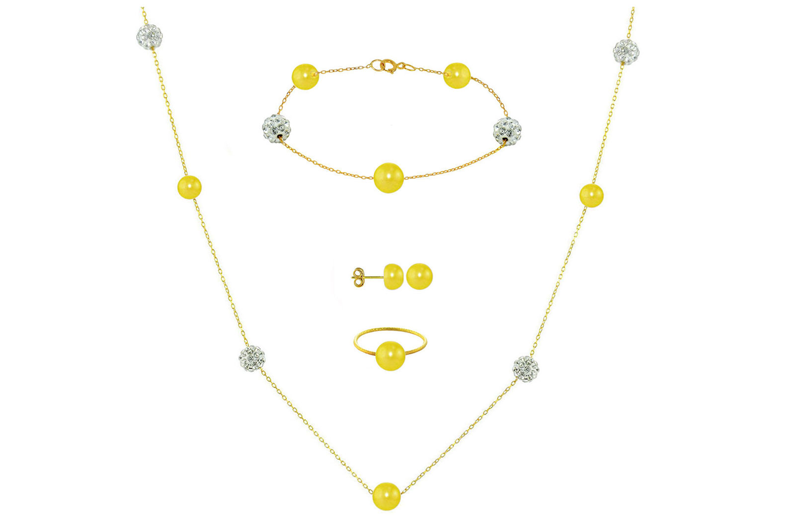Vera Perla 18K Solid Gold Gradual Built-in 5-6mm Yellow Pearls and Crystal Ball Jewelry Set - 4 pcs.
