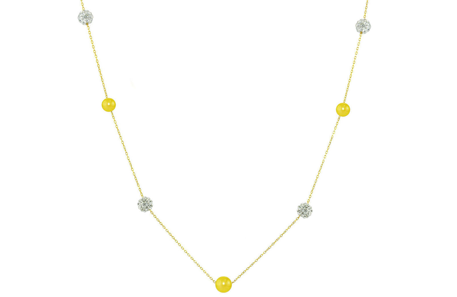 Vera Perla 18K Solid Gold Gradual Built-in 5-6mm Yellow Pearls and Crystal Ball Necklace